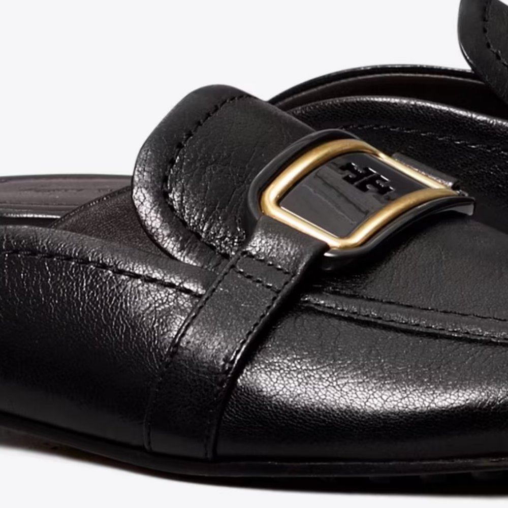 Tory Burch $298 Georgia Backless Loafer Flats Mules Black Gold Logo - Picture 9 of 9
